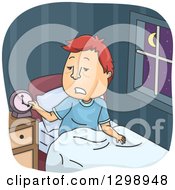 Cartoon Tired And Restless Red Haired White Man Checking The Clock In The Middle Of The Night
