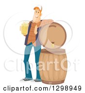 Clipart Of A Happy Red Haired White Man Holding A Mug And Leaning Against Beer Barrels Royalty Free Vector Illustration