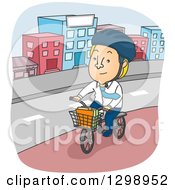 Poster, Art Print Of Cartoon Blond White Man Riding A Bicycle With A Basket Through A City