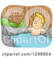 Poster, Art Print Of Cartoon Blond White Man Soaking In A Hot Spring