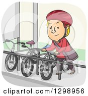 Cartoon Blond White Man Parking His Bike At A Rack