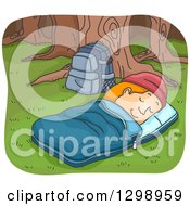 Poster, Art Print Of Cartoon Red Haired White Man In A Sleeping Bag Camping In The Woods