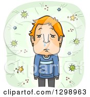 Poster, Art Print Of Cartoon Red Haired White Man With A Runny Nose Being Attacked By Viruses