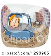Cartoon Red Haired White Man Driving In A Flooded City