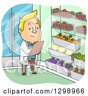 Poster, Art Print Of Cartoon Blond White Male Food Inspector By Vegetables In A Market