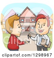 Poster, Art Print Of Cartoon Happy White Male Realtor Giving A House Key To A Client