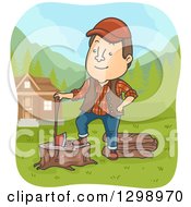 Poster, Art Print Of Cartoon Brunette Male Lumberjack Resting On A Stump By A House