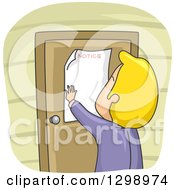 Poster, Art Print Of Rear View Of A Cartoon Blond White Man Putting A Notice On His Door