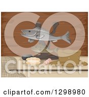Poster, Art Print Of Statue Made Of Stuffed Fish With Shells And Gear Over Wood