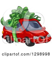 Red Minivan Wrapped With A Big Green Bow