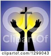 Poster, Art Print Of Silhouetted Hands Under A Floating Cross Over Yellow And Purple