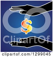 Poster, Art Print Of Silhouetted Hands Protecting A Gradient Dollar Currency Symbol Over Blue