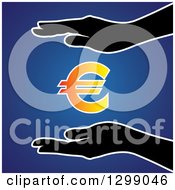 Poster, Art Print Of Silhouetted Hands Protecting A Gradient Euro Currency Symbol Over Blue