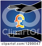 Silhouetted Hands Protecting A Gradient Pounds Currency Symbol Over Blue