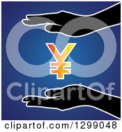 Clipart Of Silhouetted Hands Protecting A Gradient Yen Currency Symbol Over Blue Royalty Free Vector Illustration by ColorMagic