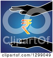 Silhouetted Hands Protecting A Gradient Rupee Currency Symbol Over Blue