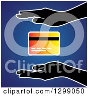 Poster, Art Print Of Silhouetted Hands Protecting A Gradient Credit Card Over Blue
