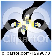 Clipart Of Black Silhouetted Hands Holding Letters Spelling FREE Over Blue Royalty Free Vector Illustration