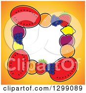 Poster, Art Print Of Border Of Watermelons Navel Oranges Blueberries Strawberries Lemons Plums And Navel Oranges Around White Space