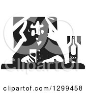 Black And White Woodcut Lonely Man Drinking At A Bar