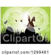 Poster, Art Print Of Silhouetted Easter Bunny With Eggs Butterflies And Grass Against Green Magical Sunshine And Flares