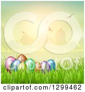 3d Colorful Easter Eggs In Grass With A Park And Flying Birds At Sunset