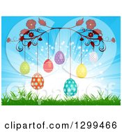 Poster, Art Print Of Red Floral Vine With Suspended Patterned Easter Eggs Over Grass And A Sun Burst