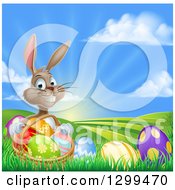 Poster, Art Print Of Brown Easter Bunny Rabbit With A Basket Of Eggs On A Hill At Sunrise
