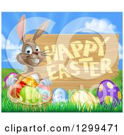 Poster, Art Print Of Brown Bunny Rabbit With A Basket Of Eggs In The Grass A Happy Easter Sign Against A Sunrise