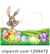 Poster, Art Print Of Brown Easter Bunny Rabbit With A Basket Of Eggs On A Hill