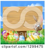 Poster, Art Print Of Brown Easter Bunny Rabbit With Eggs Sitting In A Shell By A Basket And Blank Wood Sign Against Sky