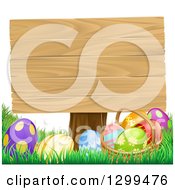 Poster, Art Print Of Basket Of Easter Eggs In The Grass Under A Blank Wood Sign