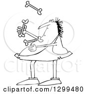 Lineart Clipart Of A Black And White Chubby Caveman Juggling Bones Royalty Free Outline Vector Illustration by djart
