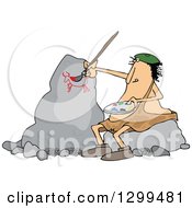 Chubby Caveman Artist Sitting On A Rock And Painting