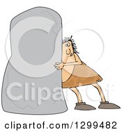 Clipart Of A Chubby Caveman Pushing A Monolith Royalty Free Vector Illustration