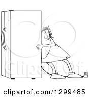 Lineart Clipart Of A Black And White Chubby Caveman Using The Wall Behind Him To Push A Refrigerator Out Royalty Free Outline Vector Illustration by djart