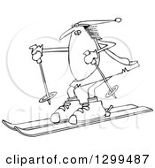 Lineart Clipart Of A Black And White Chubby Caveman Wearing A Santa Hat And Skiing Royalty Free Outline Vector Illustration