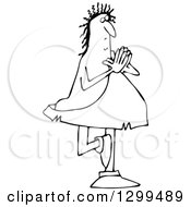 Lineart Clipart Of A Black And White Chubby Caveman Balanced On One Foot And Doing Yoga Royalty Free Outline Vector Illustration by djart