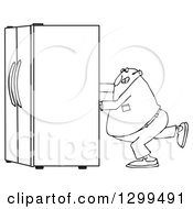 Lineart Clipart Of A Black And White Chubby Man Using The Wall Behind Him To Push A Refrigerator Out Royalty Free Outline Vector Illustration by djart
