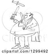 Lineart Clipart Of A Black And White Chubby Man In A Tuxedo Juggling Knives Royalty Free Outline Vector Illustration by djart