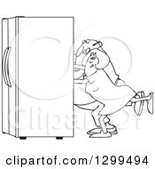 Lineart Clipart Of A Black And White Chubby Couple Using The Wall Behind Them To Push A Refrigerator Out Royalty Free Outline Vector Illustration by djart