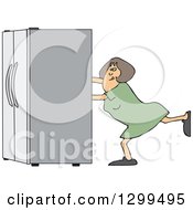 White Woman Using The Wall Behind Her To Push A Refrigerator Out