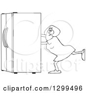 Lineart Clipart Of A Black And White Woman Using The Wall Behind Her To Push A Refrigerator Out Royalty Free Outline Vector Illustration by djart