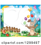 Clipart Of A Brown Bunny Rabbit Juggling Easter Eggs In A Park With Text Space Royalty Free Vector Illustration