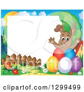 Clipart Of A Brown Bunny Rabbit Behind Colorful Easter Eggs In A Park With White Text Space Royalty Free Vector Illustration