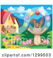 Clipart Of A Brown Bunny Rabbit Juggling Easter Eggs In A Park 2 Royalty Free Vector Illustration