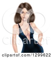 Poster, Art Print Of 3d Fit Brunette White Woman Posing In A Low Cut Black Dress