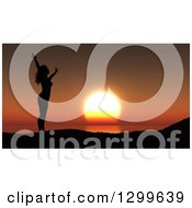 Poster, Art Print Of 3d Silhouetted Carefree Woman Holding Her Arms Up Against An Orange Ocean Sunset