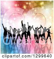 Poster, Art Print Of Silhouetted Dancing And Cheering Crowd Over Colorful Bursts Flares And Lights