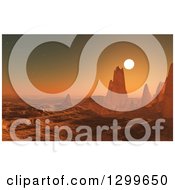 Clipart Of A 3d Sunset Over A Surreal Desert Landscape With Formations Royalty Free Illustration